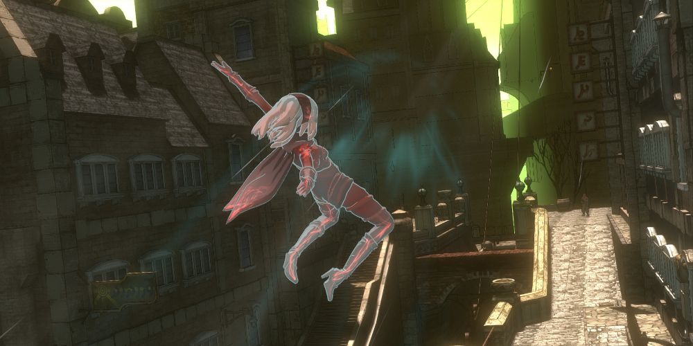 A player soars through the air in Gravity Rush