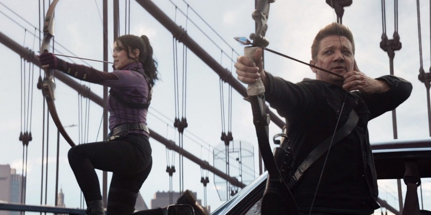Kate and Clint fire arrows on the bridge in Hawkeye