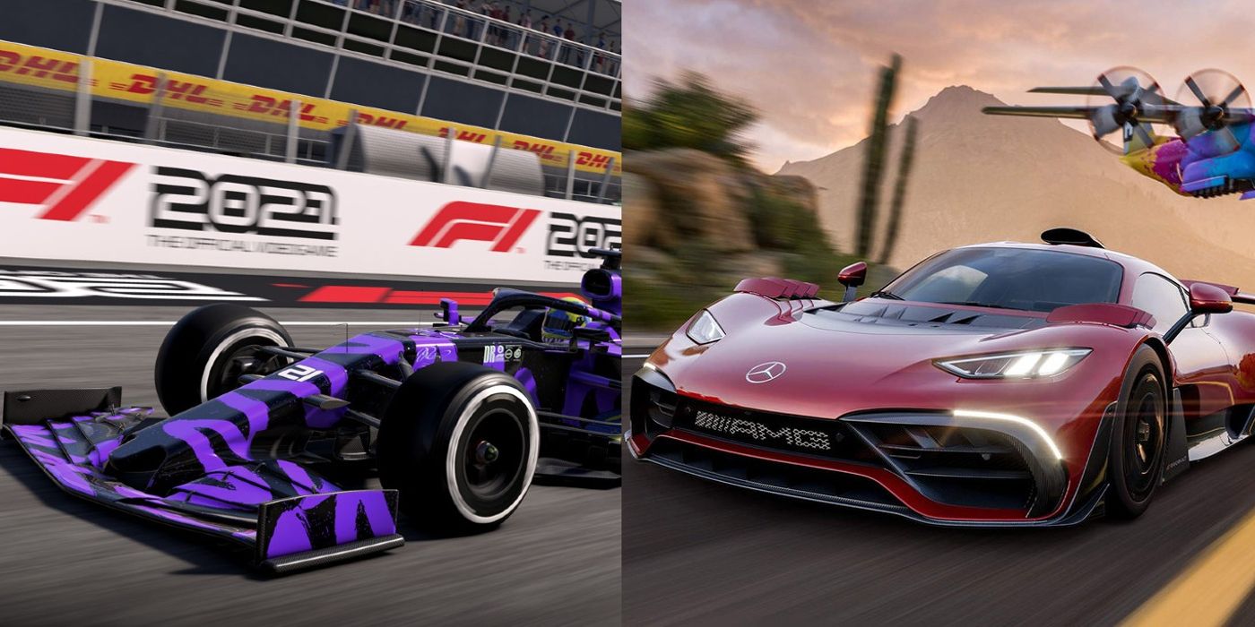 A purple F1 car from F1 2021 and a red Mercedes from Forza Horizon 5 appear in the games