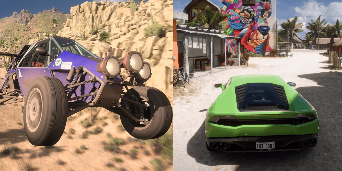 A buggy drives in the desert and a green car drives on a road in Forza Horizon 5