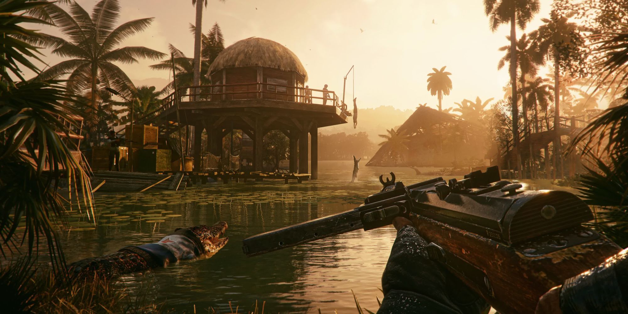 Scene from Far Cry 6 showing the player character holding a gun in a swamp-like area 