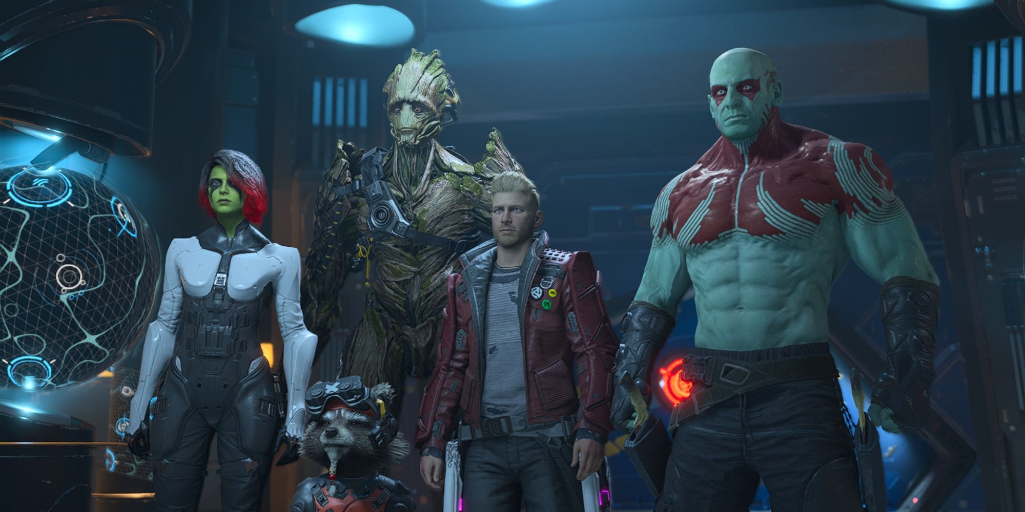 image from the game Marvel's Guardians of the Galaxy featuring Star-Lord, Drax, Groot, Gamora