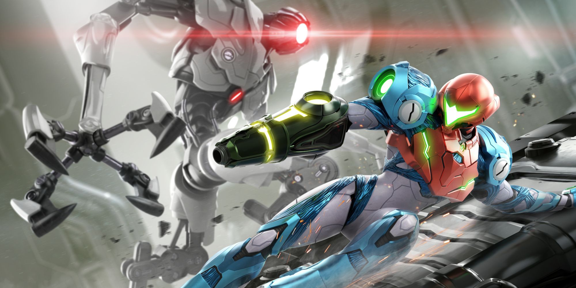 image from Metroid Dread showing Samus Aran fighting an E.M.M.I. robot