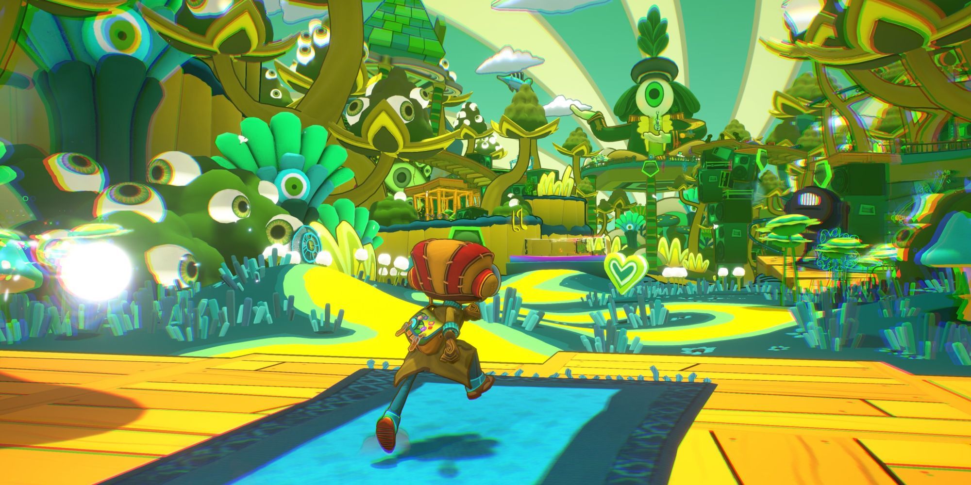 Raz making his way through a colorful looking area in Psychonauts 2