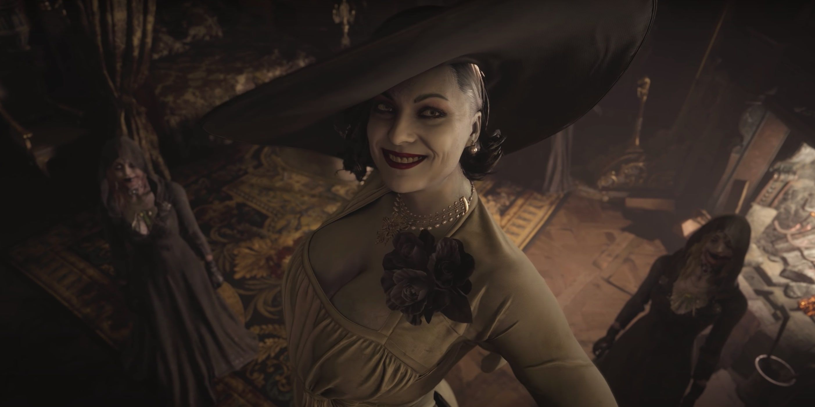 image from the game Resident Evil Village featuring Lady Dimitrescu and her daughters