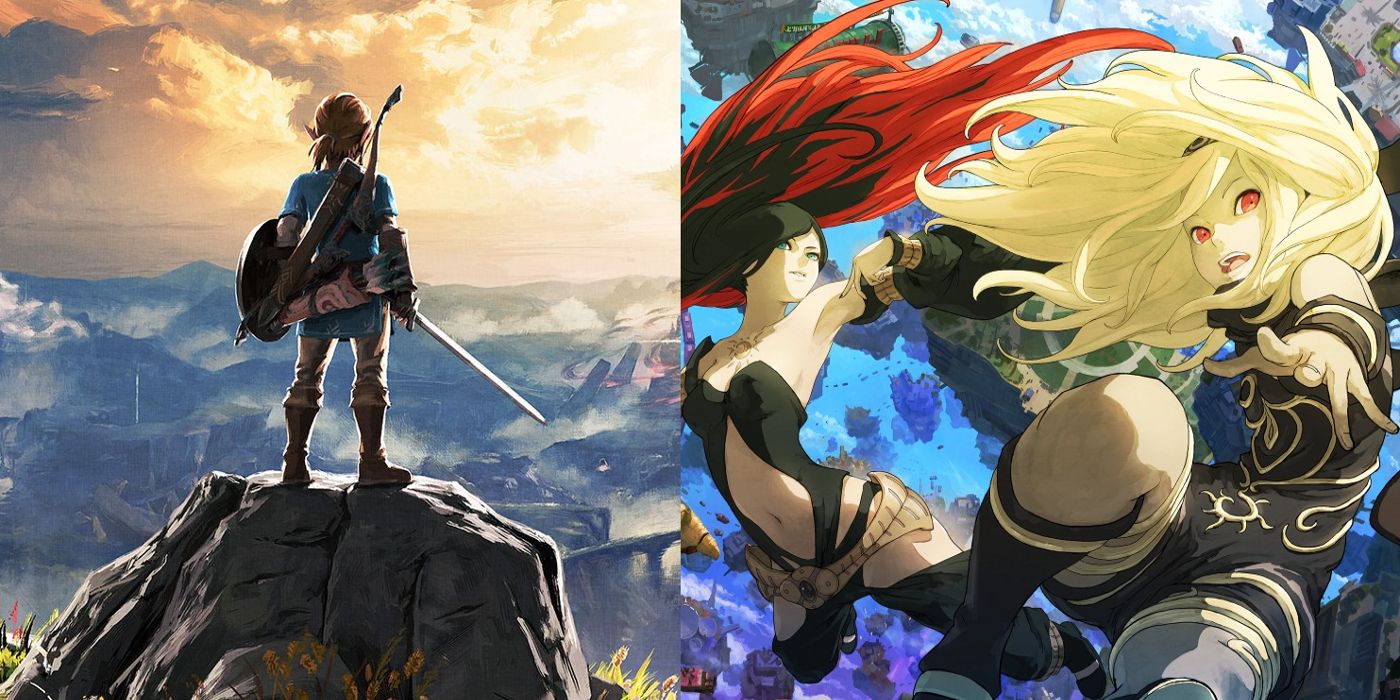 Link stands on a mountaintop in The Legend of Zelda: Breath of the Wild and two female warriors tumble through space in Gravity Rush
