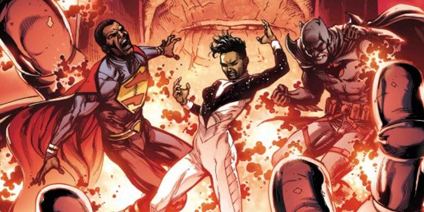 Comic book art: Justice League Incarnate in the middle of a fiery battle.