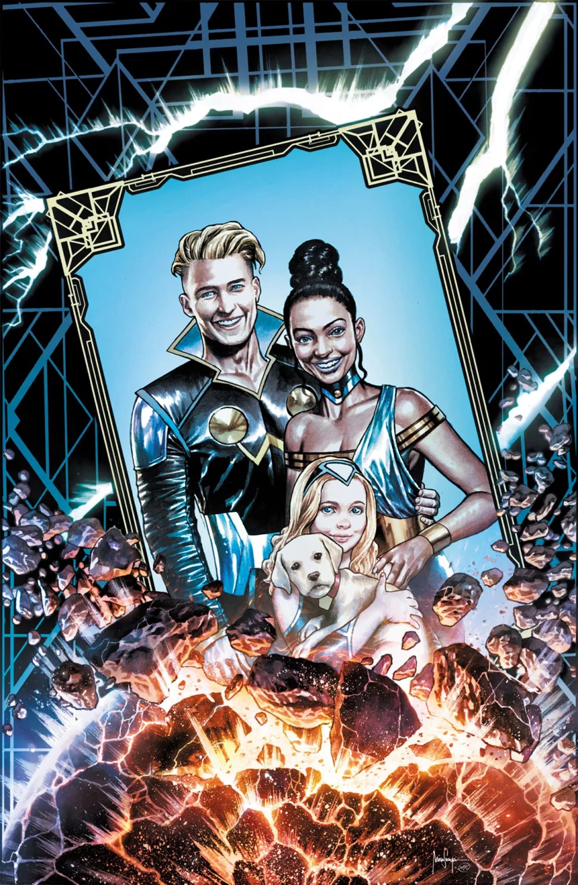Kara-El and family portrait behind exploding Krypton.