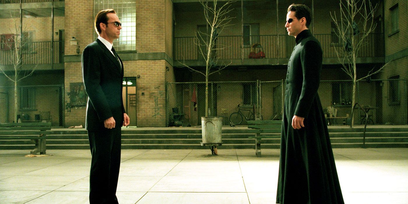 Neo and Agent Smith facing off during The Matrix Reloaded