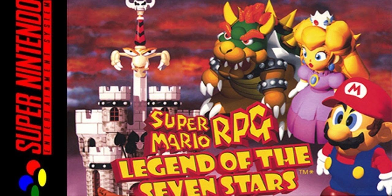 Gambar sampul untuk Super Mario RPG Legend of the Seven Stars untuk Super Nintendo, menampilkan Mario, Peach, dan Bowser di sebelah kastil dan pedang yang tidak menyenangkan.