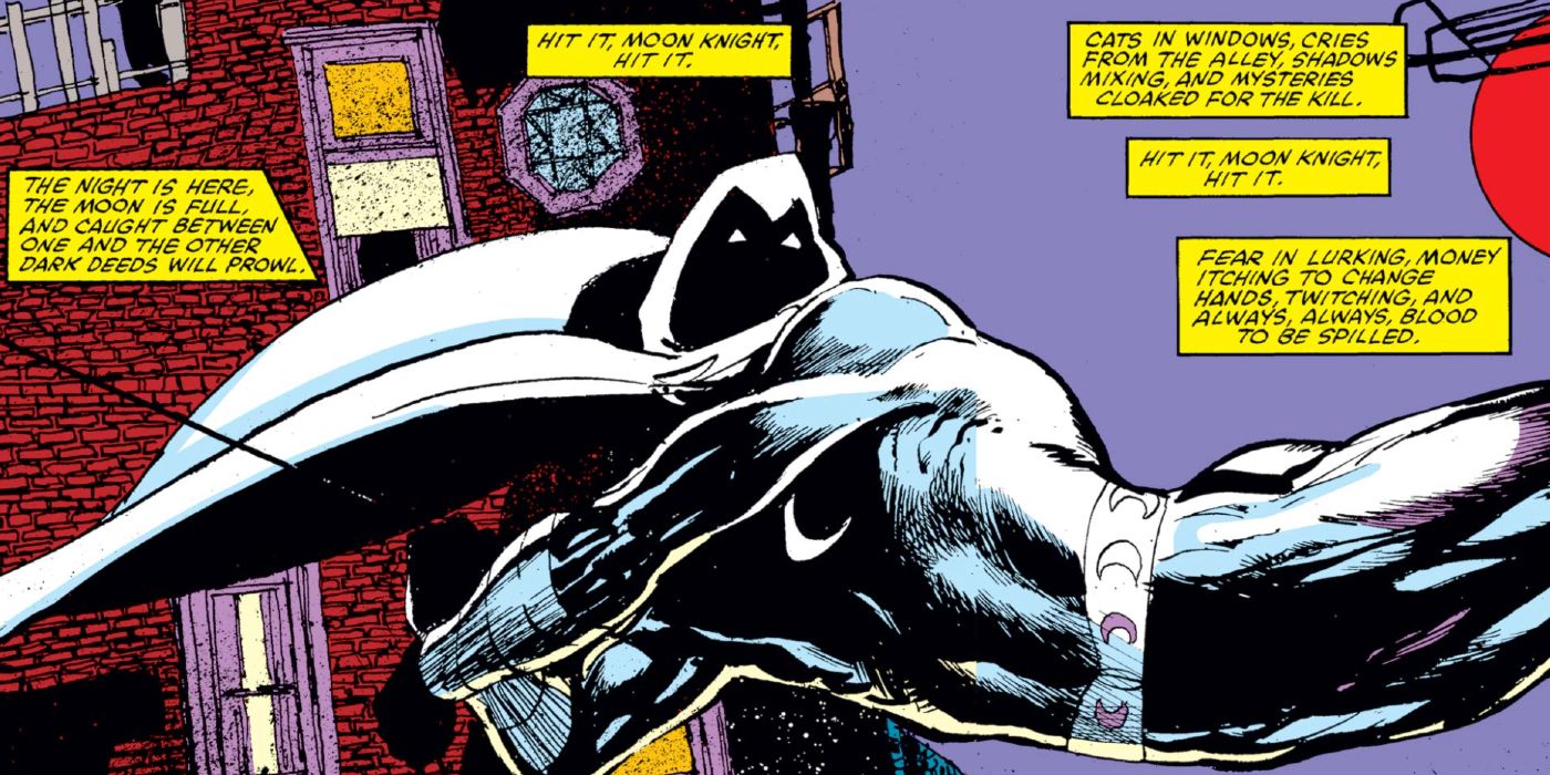 Moon Knight swings through the air in Moon Knight #26 comic.