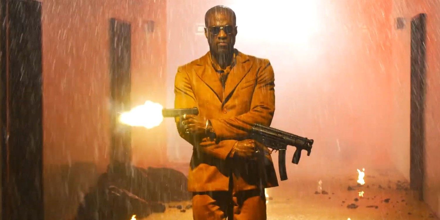 Morpheus shooting submachine guns in The Matrix Resurrections