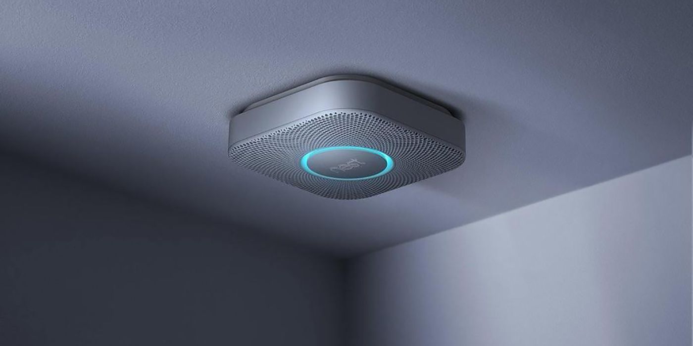 The Nest Protect CO monitor mounted on a ceiling.
