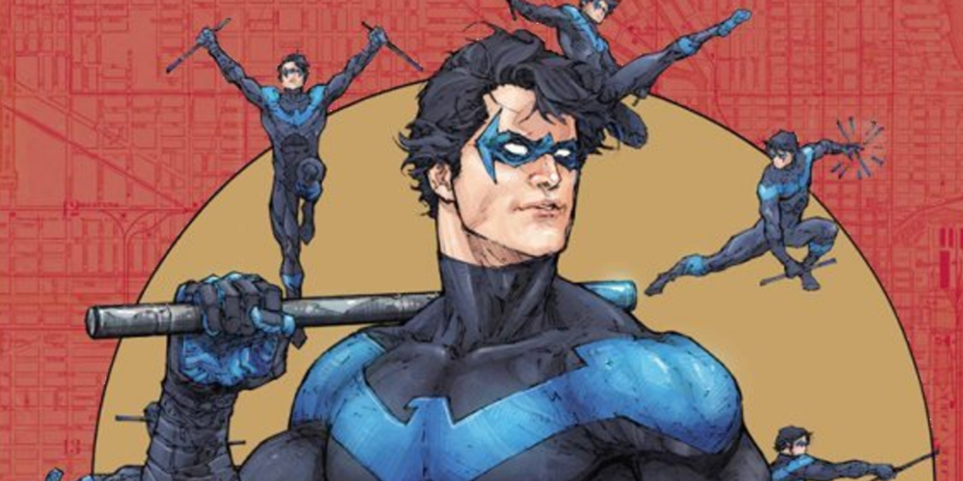 Nightwing in an acrobatic blue suit in DC comics