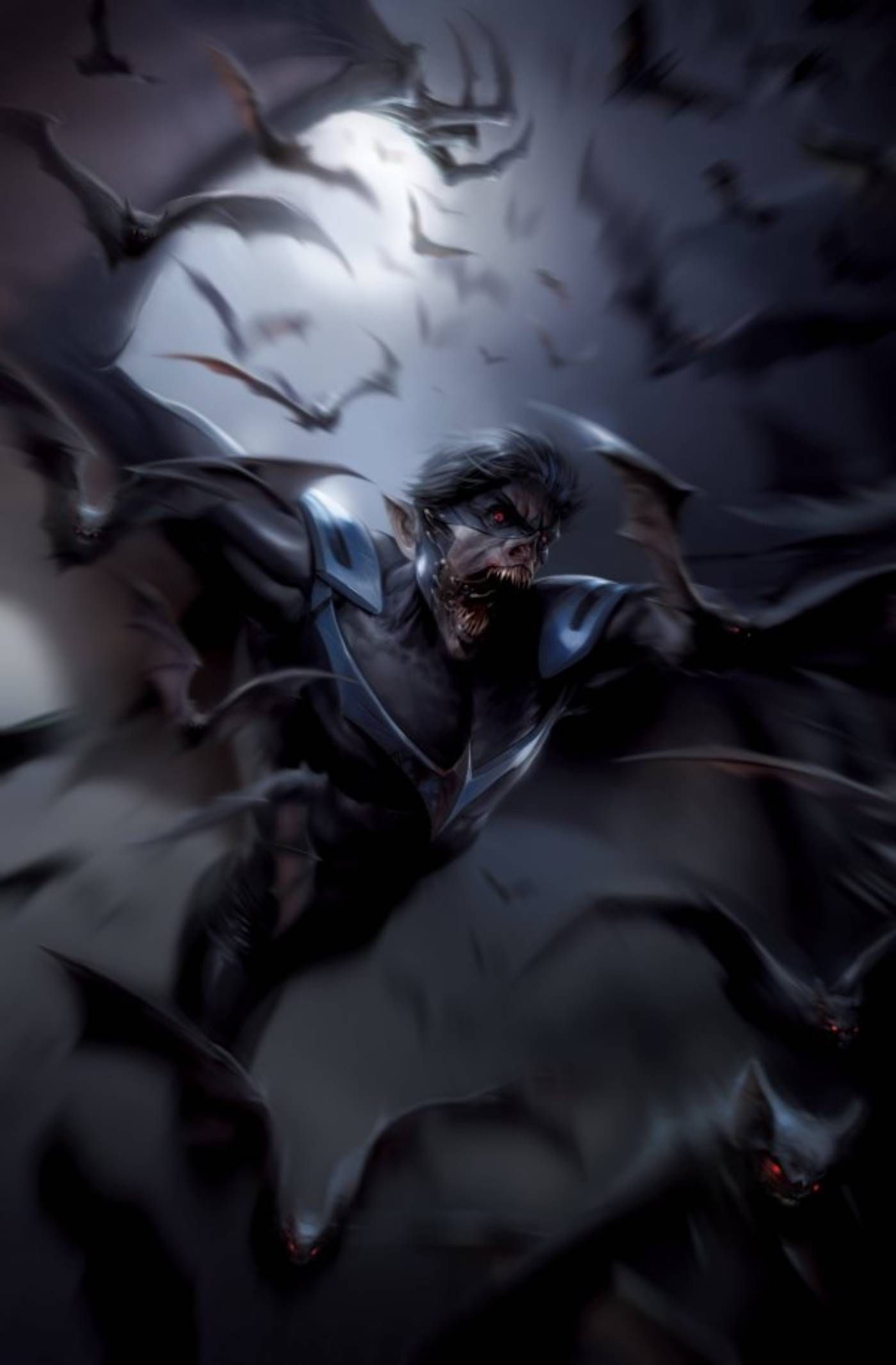 Comic book art: Nightwing appears as a bat-like vampire.