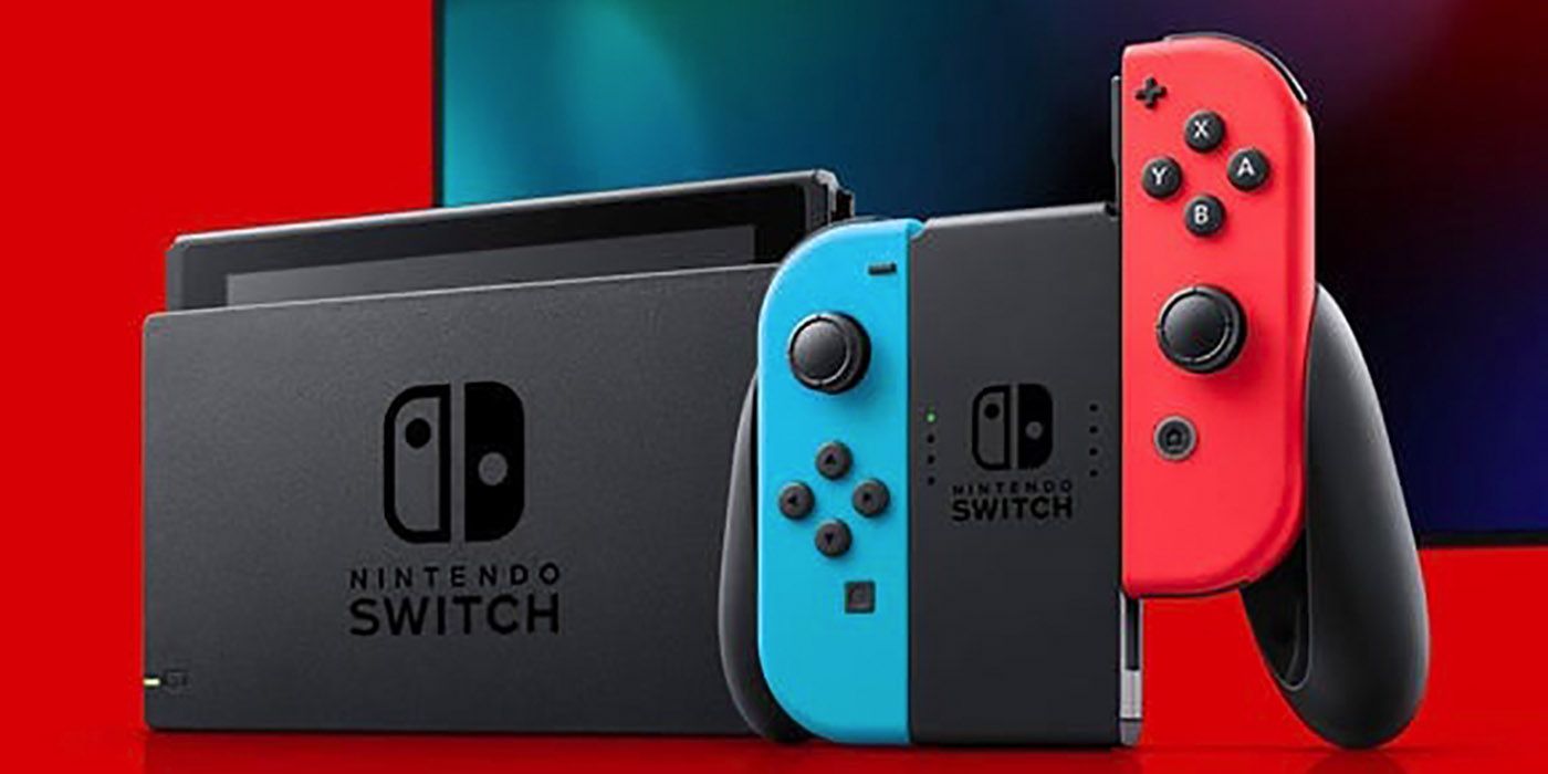Nintendo Switch on a red and blue background.