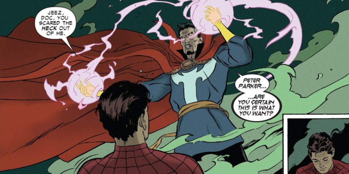 Spider-Man watches Dr. Strange cast a spell in Marvel Comics.