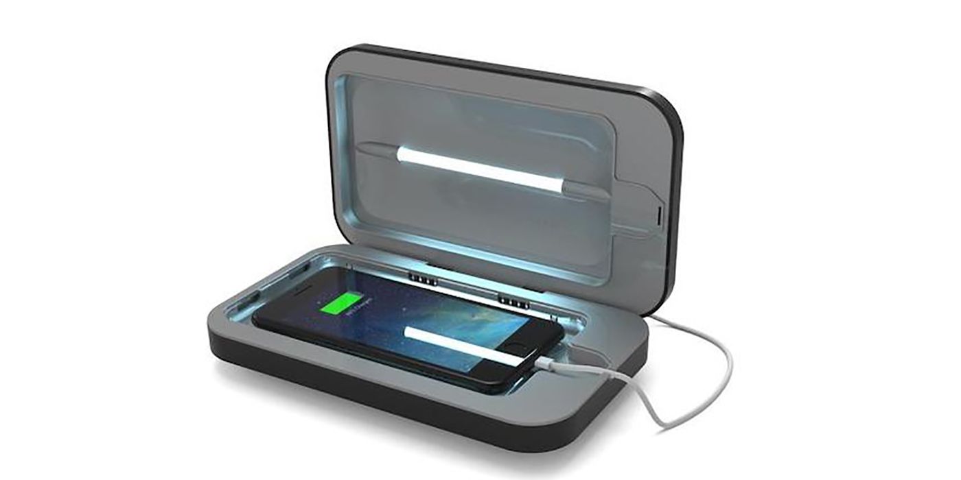 Phonesoap 3 UV sanitizer with a phone docked inside, on a white background.