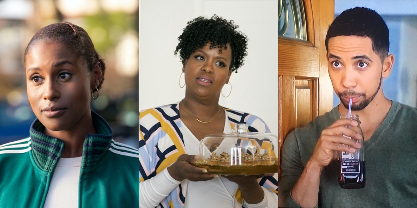 Split image of Kelli, Issa, and Chad in Insecure.