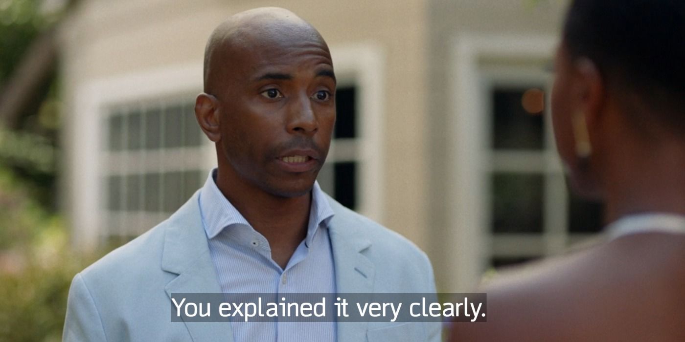 Taurean in a blue suit with subtitles in Insecure.