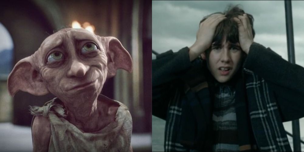 Split image of Dobby and Neville Longbottom in the Harry Potter movies