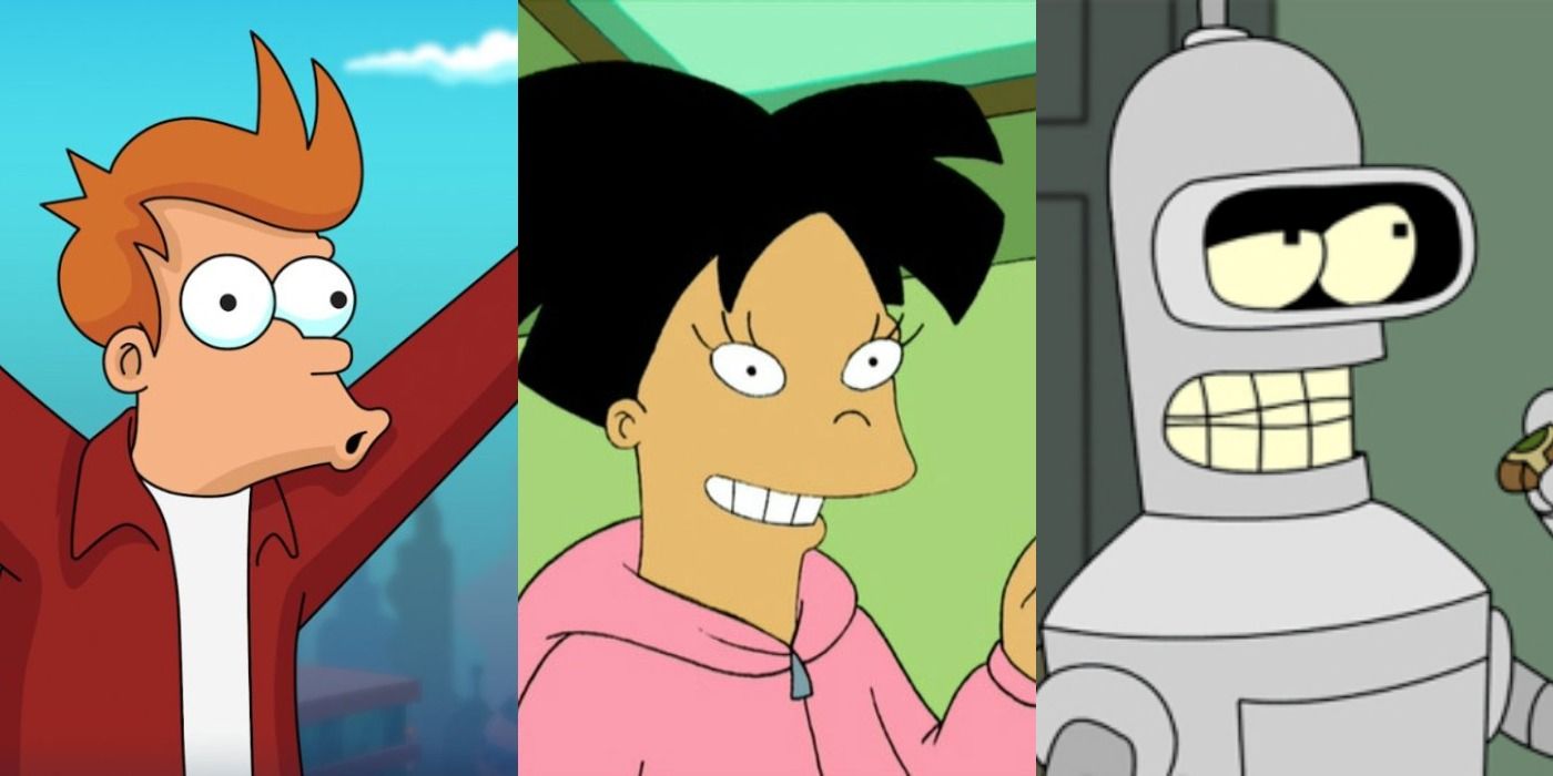 Split screen of Amy Bender and Fry in Futurama.