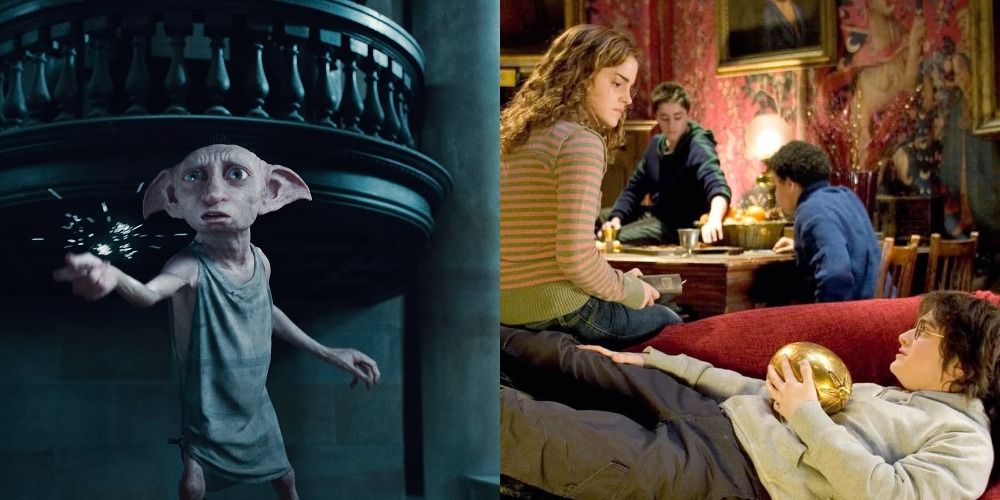 Split image of Harry Potter Dobby and Gryffindor common room