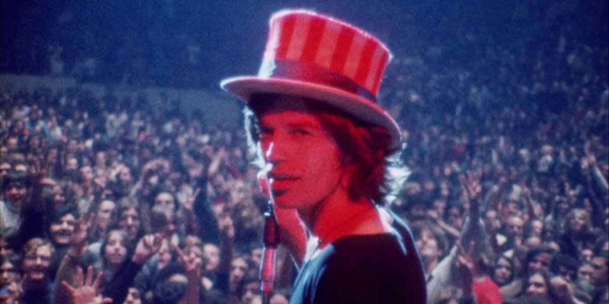 Mick Jagger wearing uncle sam hat in a still from Gimme Shelter