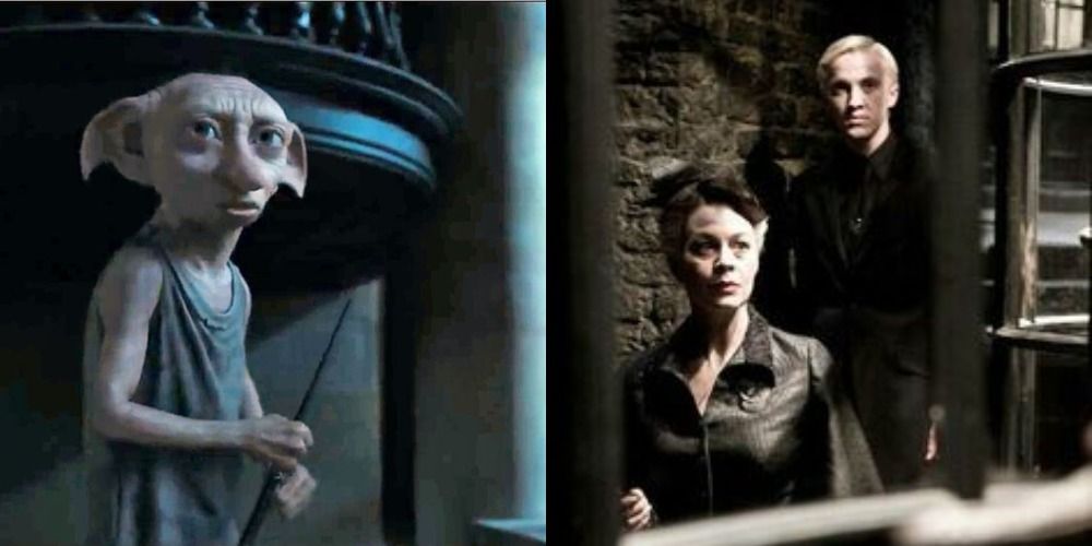 Split image of Dobby and Draco Malfoy in The Half Blood Prince
