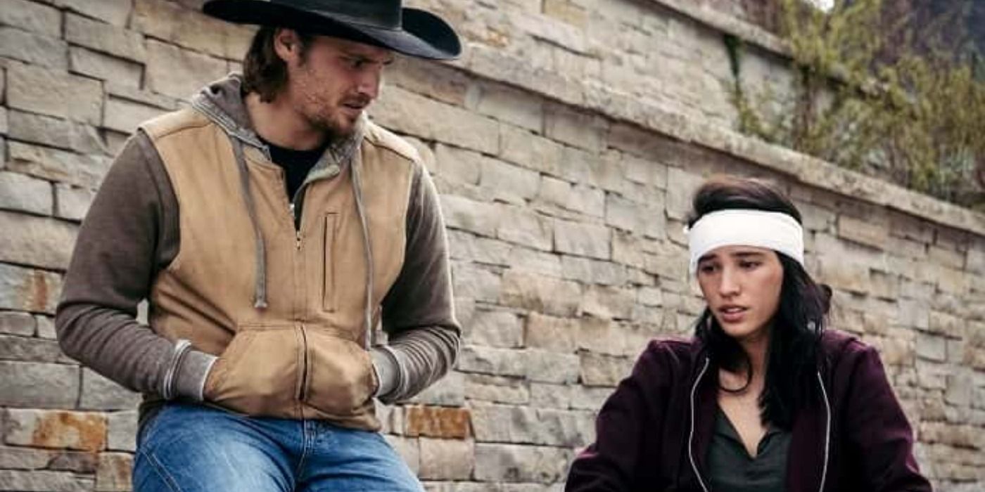 Kayce (Luke Grimes) and Monica (Kelsey Asbille) talking following her head injury in Yellowstone