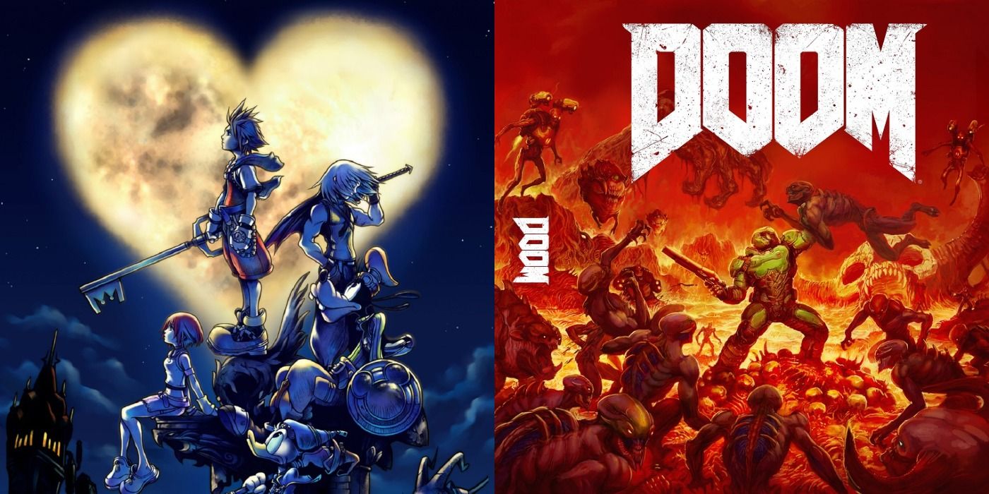 Split image of the Kingdom Hearts and Doom 2016 box art