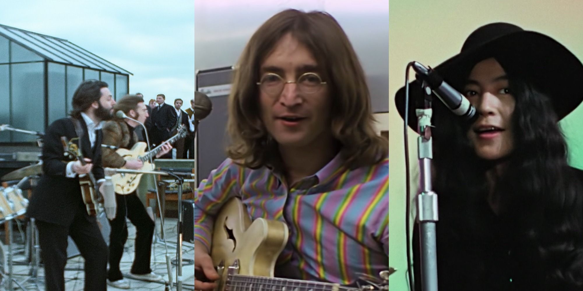 Split image of Paul & John singing, John playing guitar, & Yoko singing in The Beatles: Get Back.