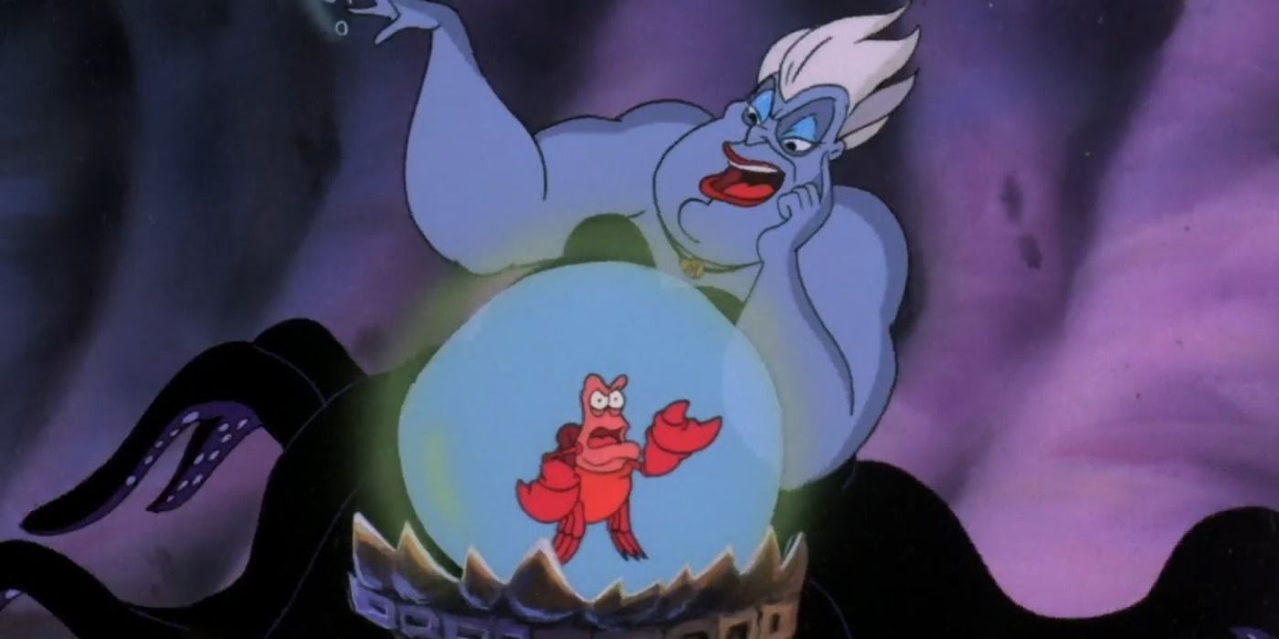 Ursula looking at Sebastian in her crystal ball in The Little Mermaid
