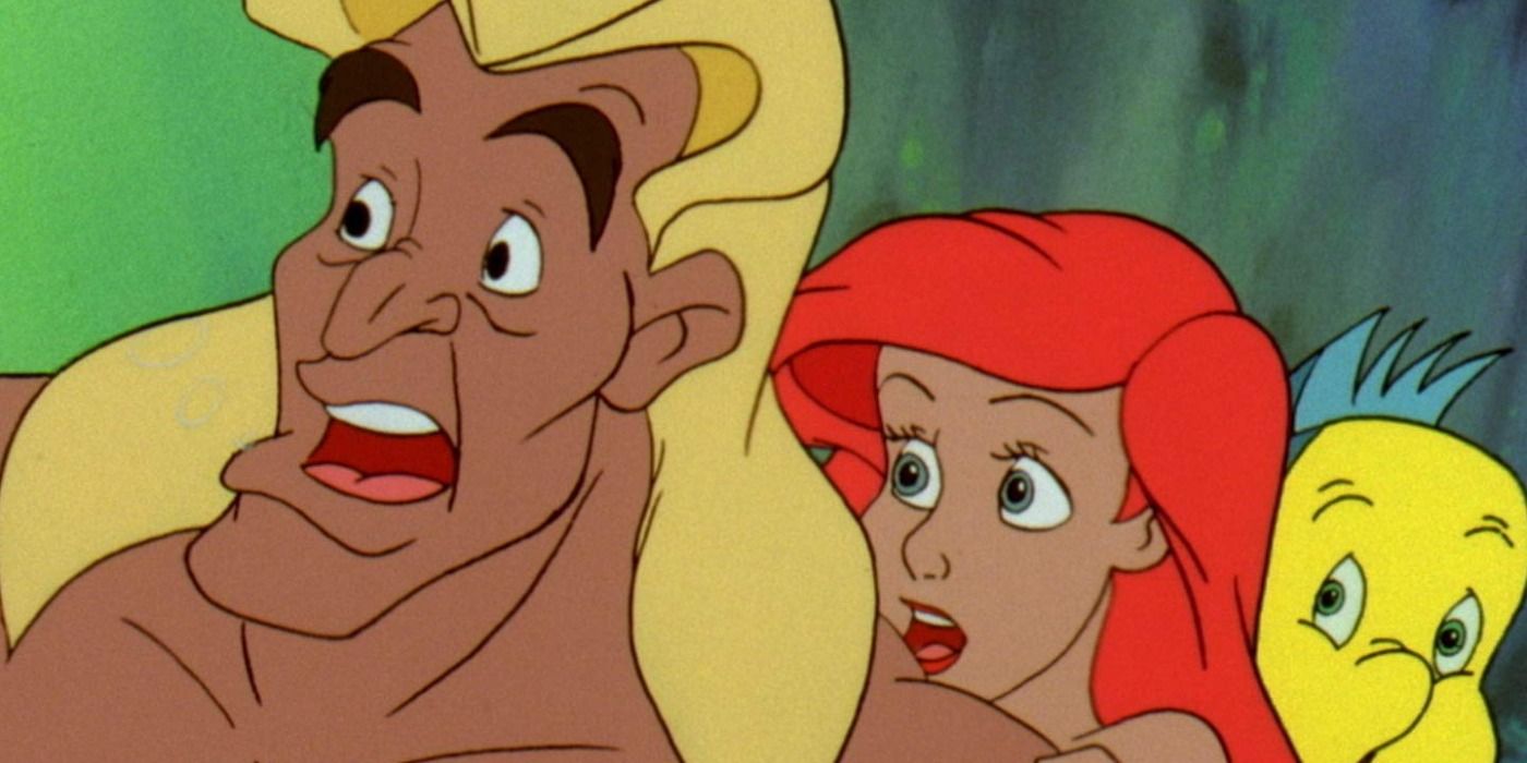 Apollo, Ariel and Flounder looking worried in The Little Mermaid