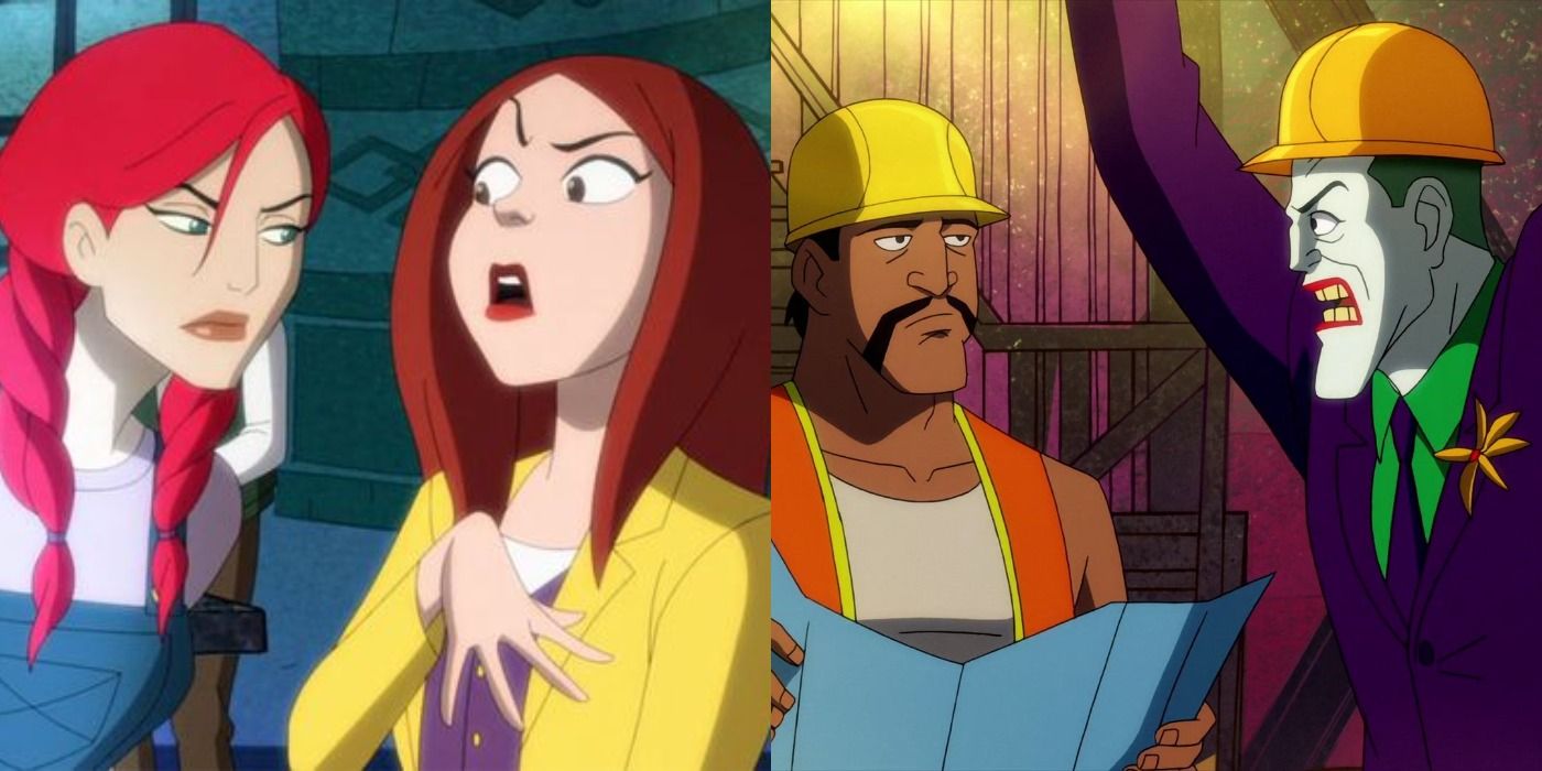 Split image of Poison Ivy, Clayface as Stephanie, Joker and his contractor - Harley Quinn animated series