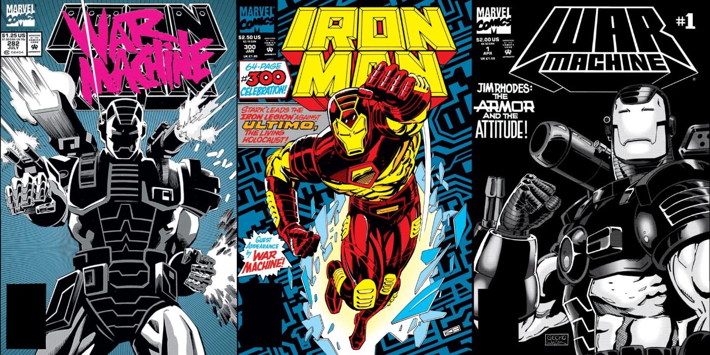 Split image of War Machine firing guns, Iron Man flying, & War Machine posing in Marvel Comics.