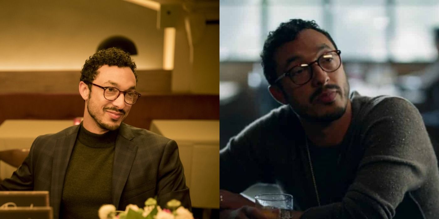 Split image of Derek in a suit and at a table in Insecure.