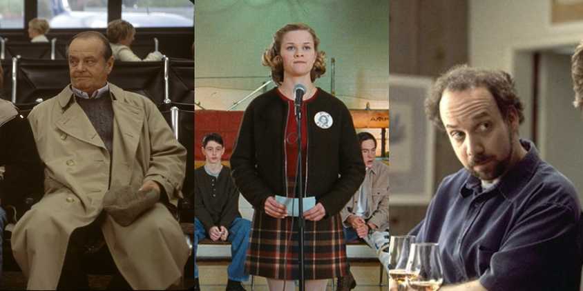 Split image of Jack Nicholson Reese Witherspoon and Paul Giamatti in Alexander Payne movies.
