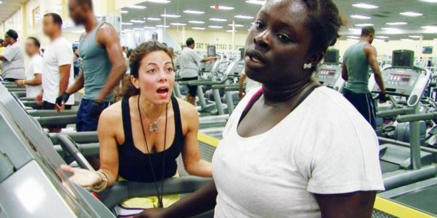 Still of trainer and subject in the gym on MTV's I Used To Be Fat.