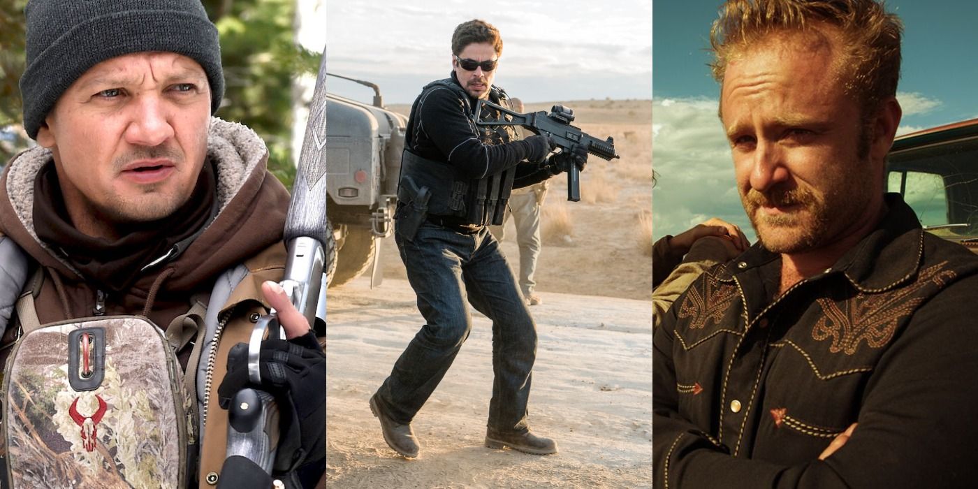 Split image of stills from Wind River, Sicario Day of The Soldado, and Hell Or High Water.