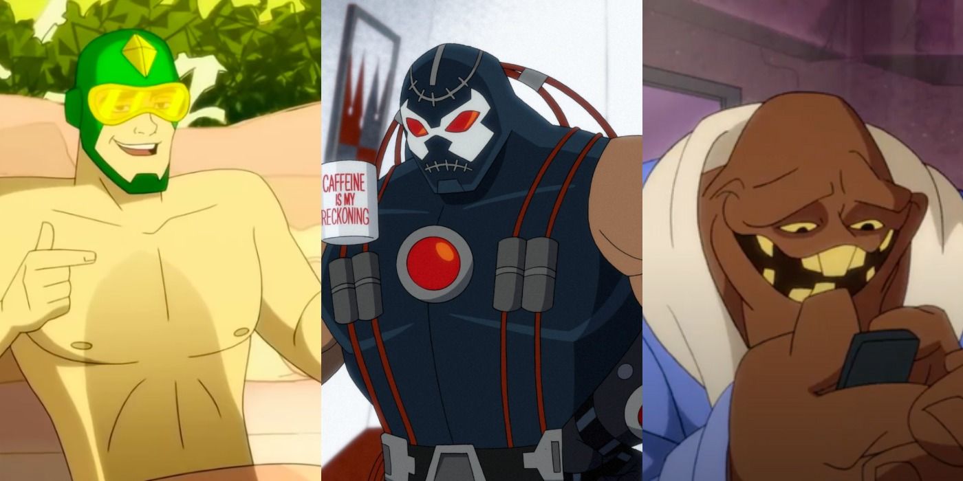 Split image of Kite Man, Bane and Clayface - Harley Quinn animated series