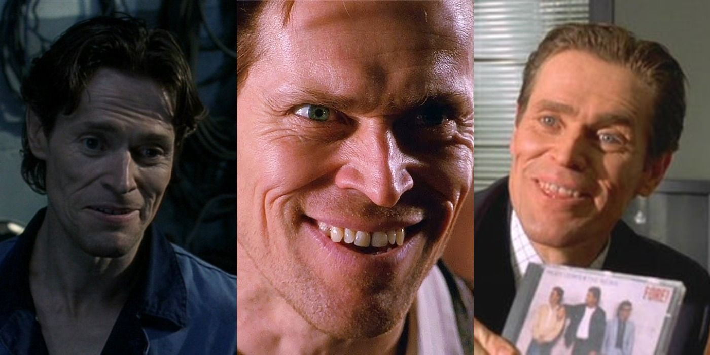 Split image of Willem Dafoe in Spider-Man, American Psycho, and Existenz.
