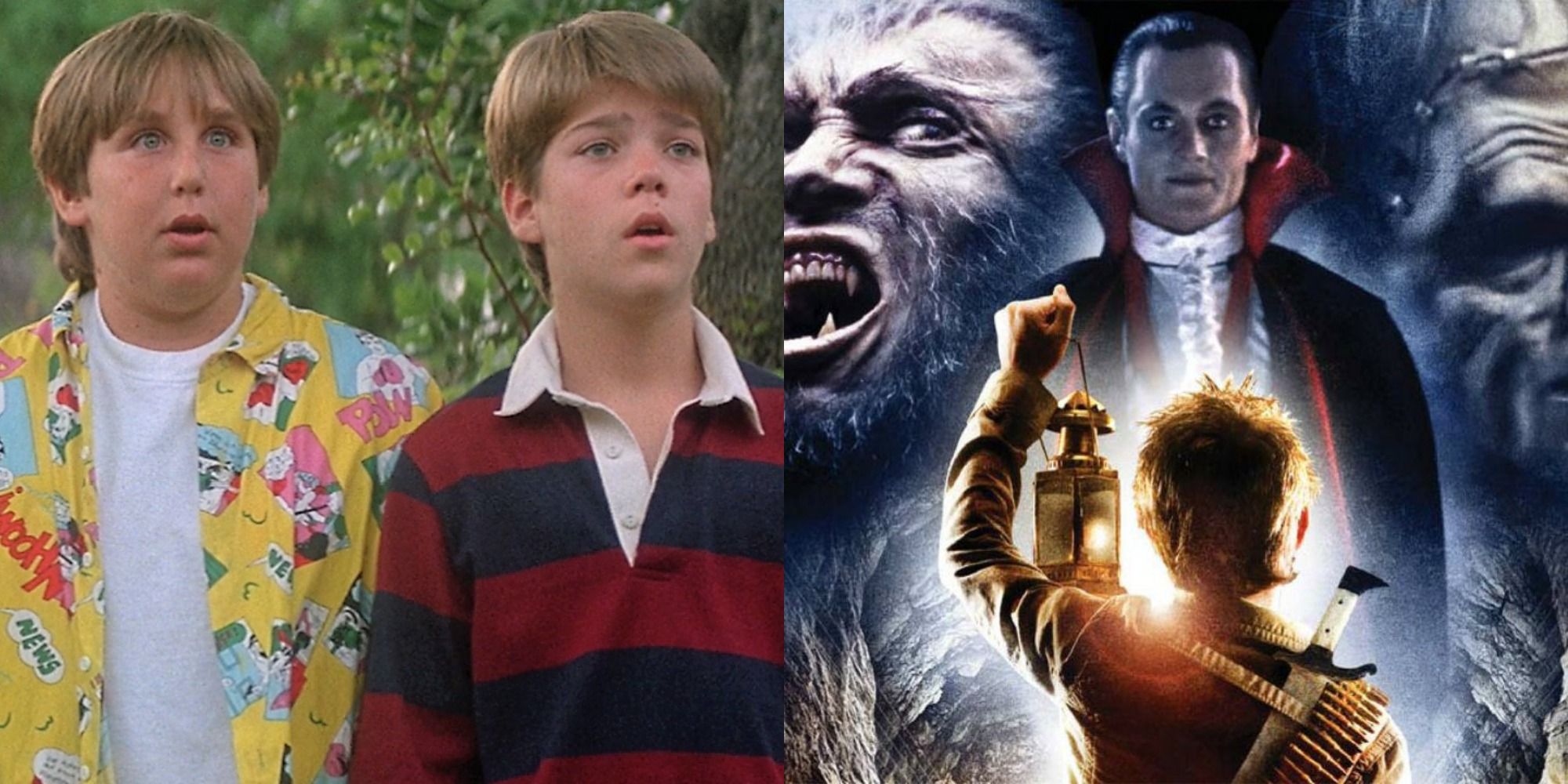 Split image of the kids, along with the poster for Monster Squad.