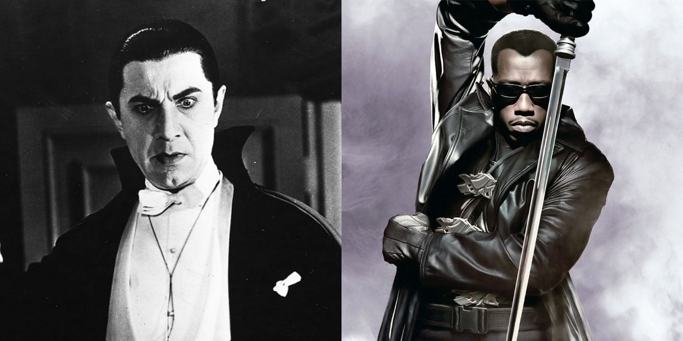 Split image of Bela Lugosi as Dracula and Wesley Snipes as Blade
