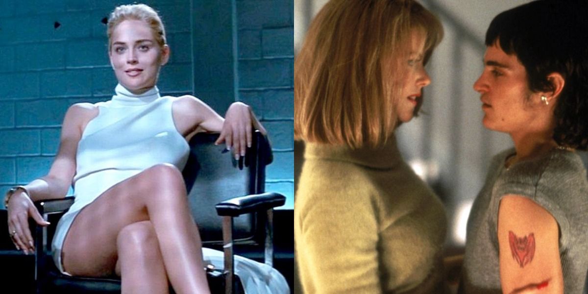Split images of Sharon Stone in the leg scene in Basic Instinct and Nicole Kidman and Joaquin Phoenix in To Die For