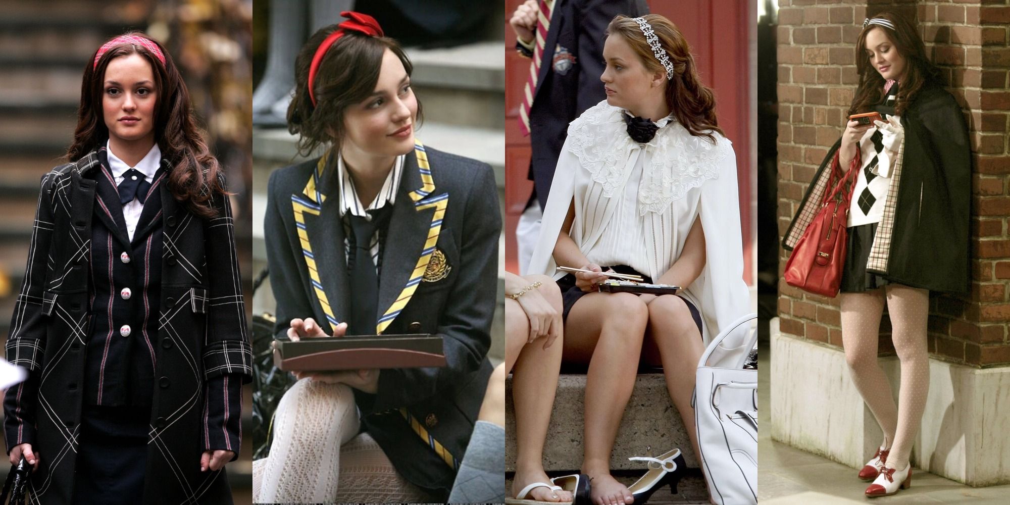 Split images of Blair in her school uniform in Gossip Girl