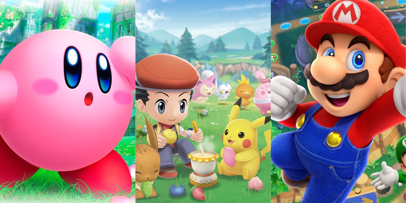 Split image of Kirby in Kirby & the Forgotten Land, Mario in Mario Party, & Pikachu in Pokemon BDSP.