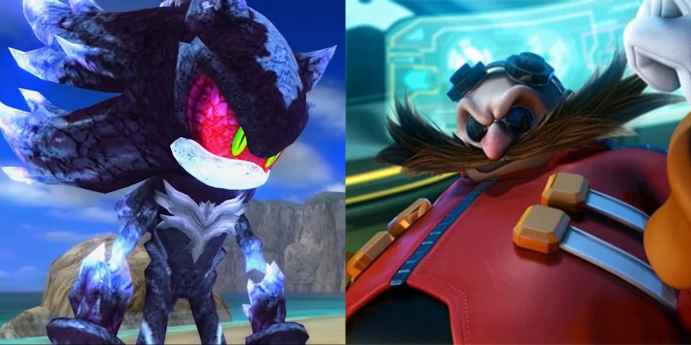 Split image of Metal Sonic glaring and Eggman with a raised fist in Sonic games.