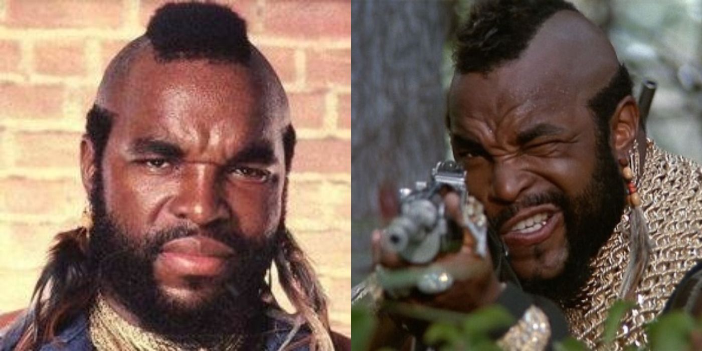 Split image of Mr. T posing and firing a gun in The A-Team.