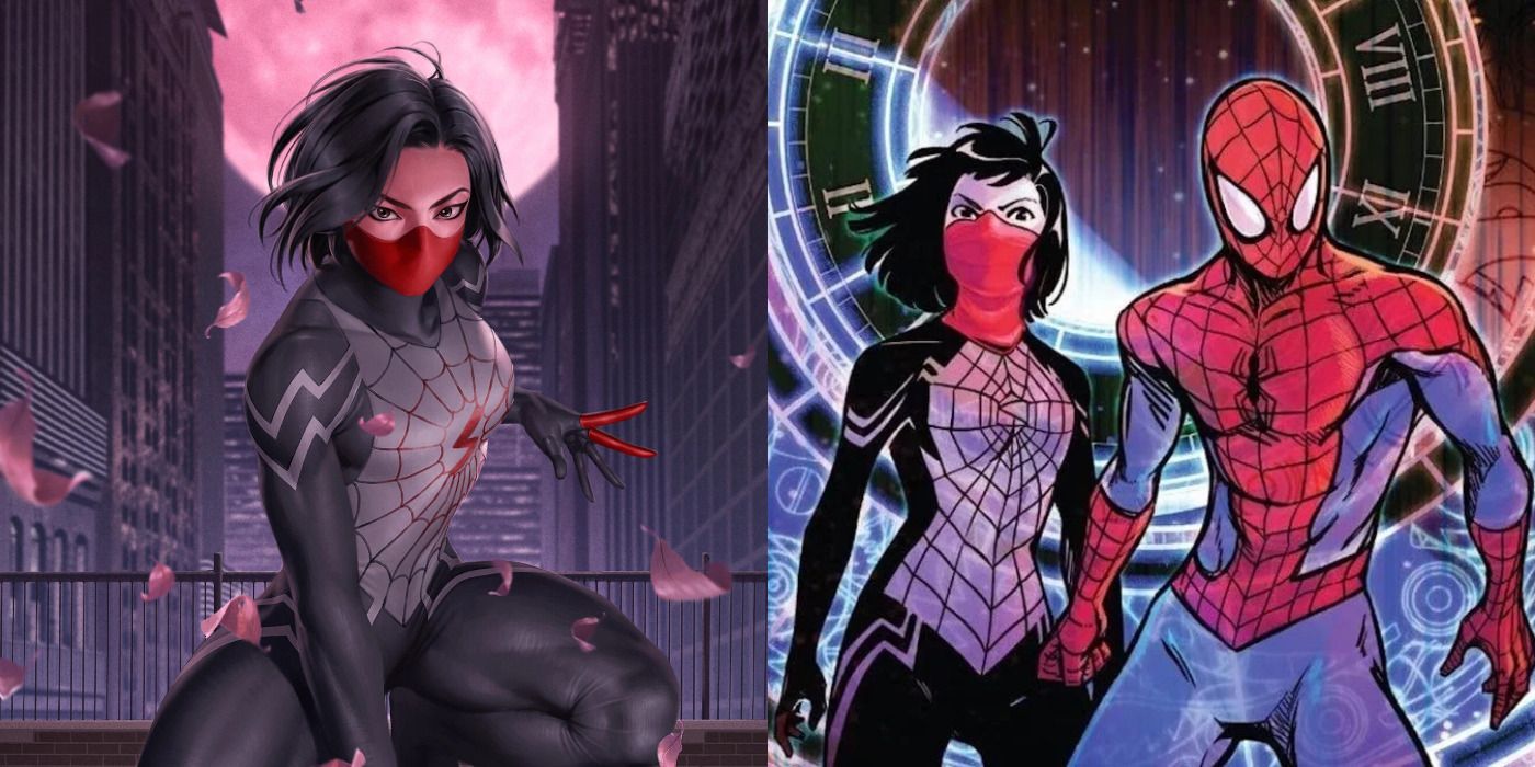 Split image of Silk posing & with Spider-Man in Marvel Comics.